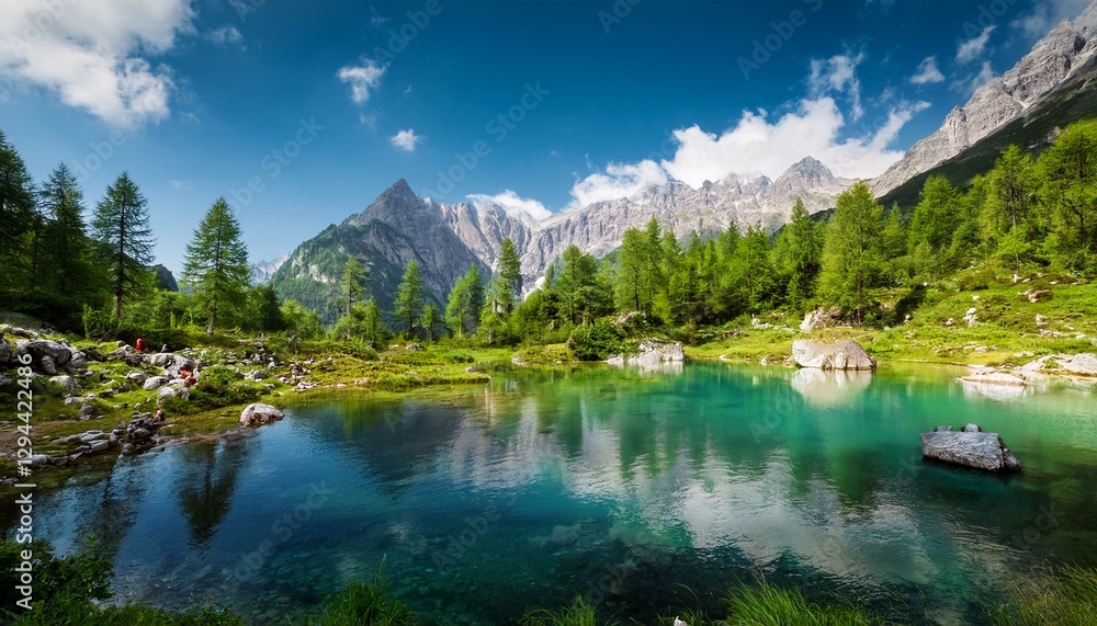 little mountain lake in the italian alps lago bordaglia friuli venezia giulia italy alpine forest lake valley