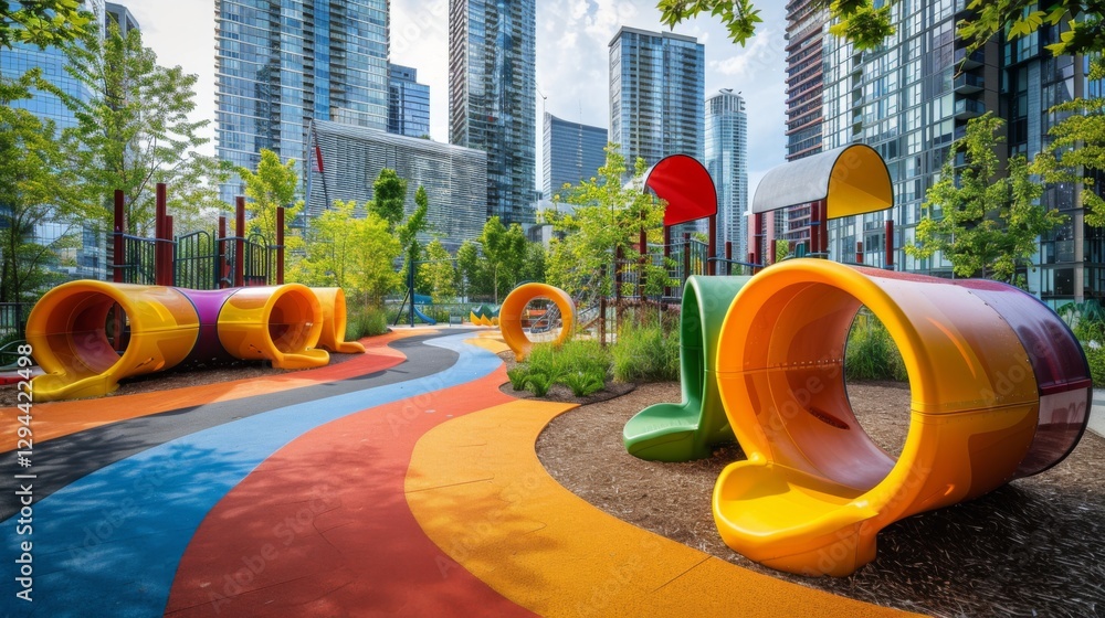 Families enjoy a sunny day at a lively playground featuring bright slides, winding paths, and lush greenery surrounded by skyscrapers in an urban setting. Families enjoy a sunny day at a lively playground featuring bright slides, winding paths, and lush greenery surrounded by skyscrapers in an urban setting.