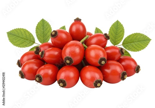 Isolated Cluster of Bright Red Rose Hips with Green Foliage