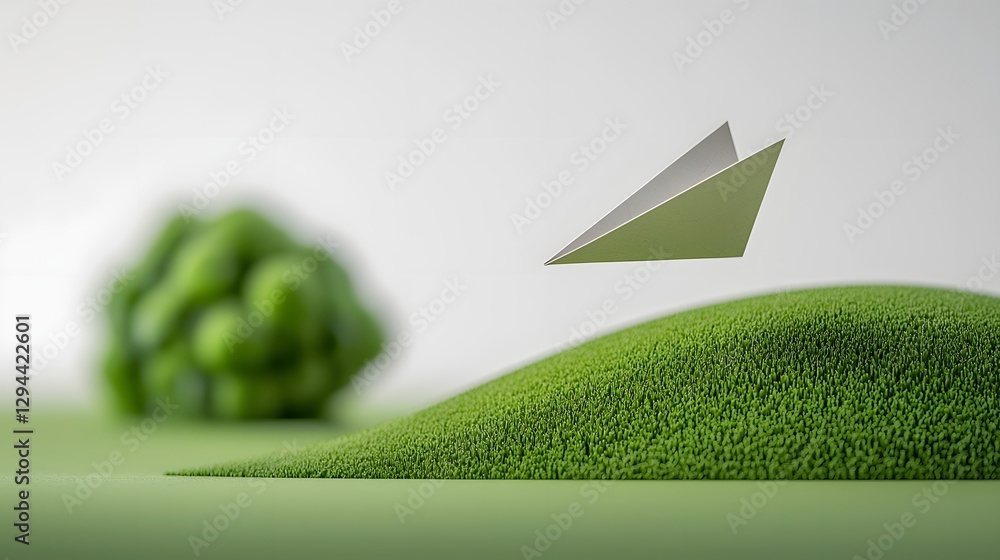 Sleek paper airplane gracefully soaring around a vibrant green globe symbolizing sustainable development clean energy and environmental conservation for a brighter future