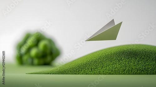 Obraz na płótnie Sleek paper airplane gracefully soaring around a vibrant green globe symbolizing sustainable development clean energy and environmental conservation for a brighter future w salonie