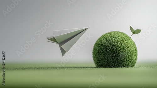 Obraz na płótnie Sleek paper airplane gracefully soaring around a vibrant green globe symbolizing sustainable development clean energy and environmental conservation for a brighter future w salonie