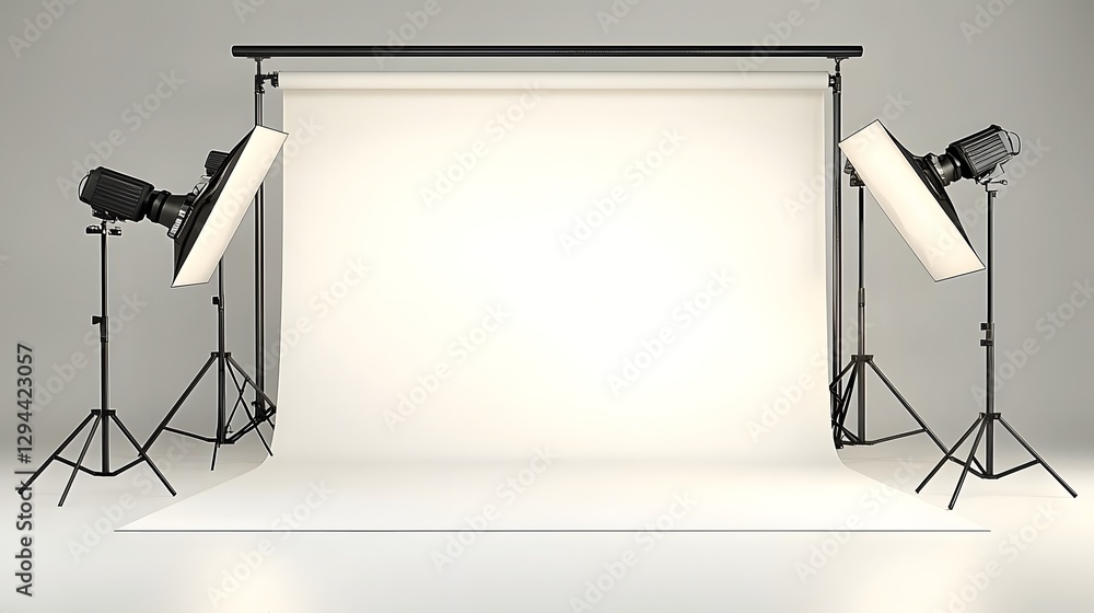 Sophisticated High End Professional Photography Studio Setup Featuring a Seamless White Backdrop Strategically Placed Softbox Lighting