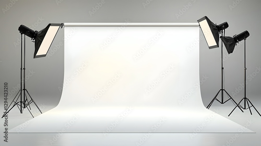 Streamlined photography studio setup with professional lighting and seamless white backdrop designed for premium product and model photoshoots Soft natural shadows create an elegant