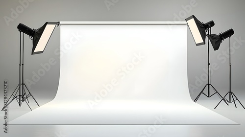 Obraz na płótnie Streamlined photography studio setup with professional lighting and seamless white backdrop designed for premium product and model photoshoots Soft natural shadows create an elegant w salonie