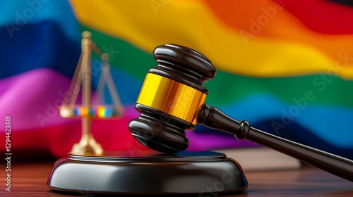 Obraz na płótnie Striking visual composition featuring a judge s gavel set against a vibrant colorful pride flag backdrop symbolizing the concepts of fairness legal rights w salonie