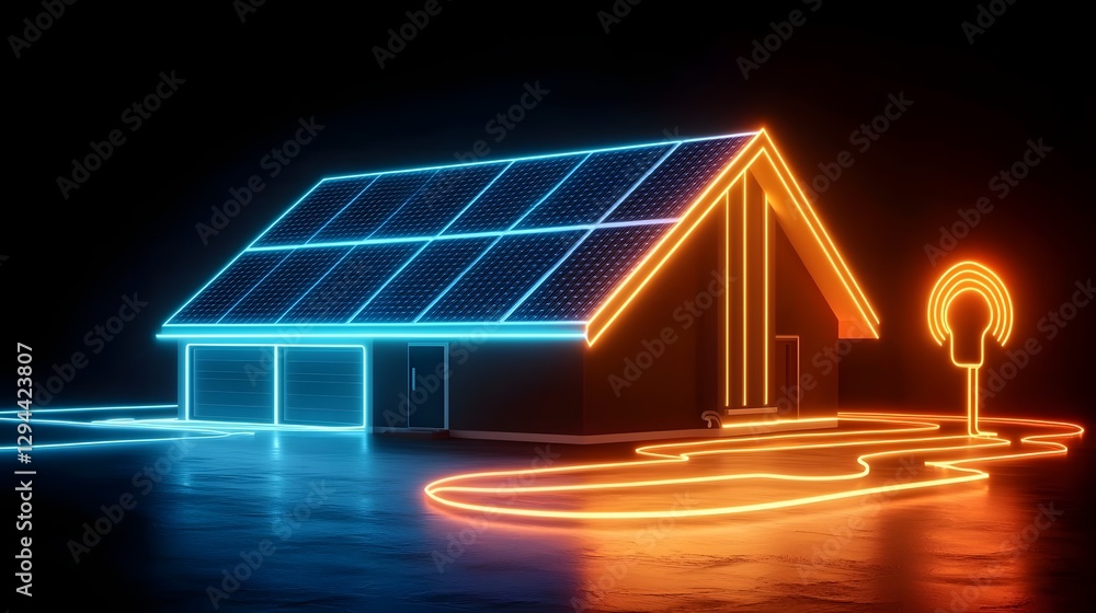 Stylized digital concept showcasing a futuristic smart home with luminous solar rooftops a glowing plug symbol and flowing energy currents
