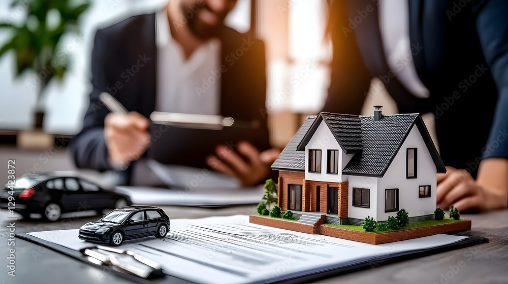 Successful young couple signing home loan documents with real estate agent guiding them small house model on the table representing home buying success and real estate investment