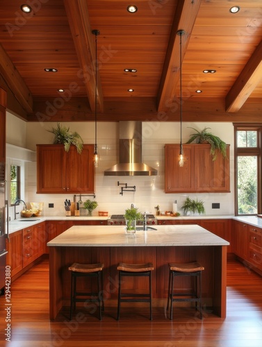 Kitchen with wooden cabinets and wooden floors photo