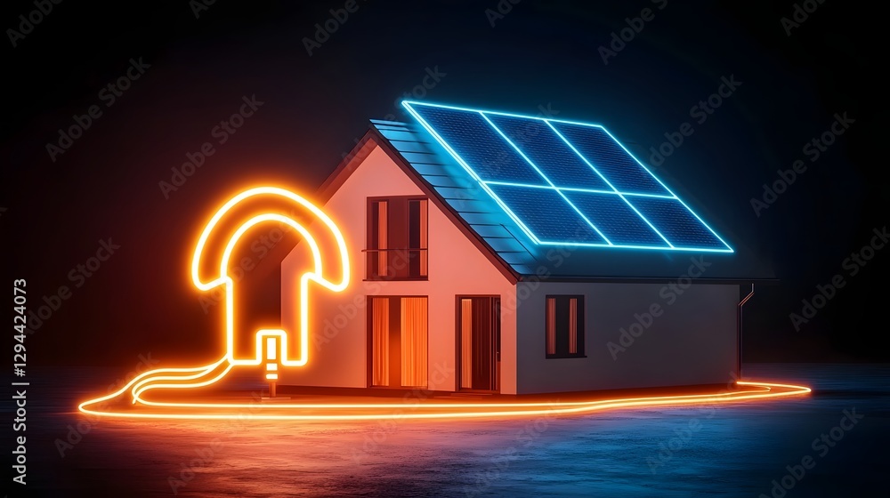 Stylized digital concept showcasing a futuristic smart home with luminous solar rooftops a glowing plug symbol and flowing energy currents