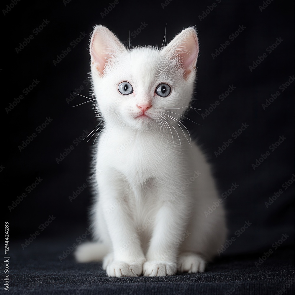 Studio portrait of a white kitten with blue eyes on a dark background, adorable facial expression, fluffy fur, professional photography for advertising, calendars, and print materials. Studio portrait of a white kitten with blue eyes on a dark background, adorable facial expression, fluffy fur, professional photography for advertising, calendars, and print materials.