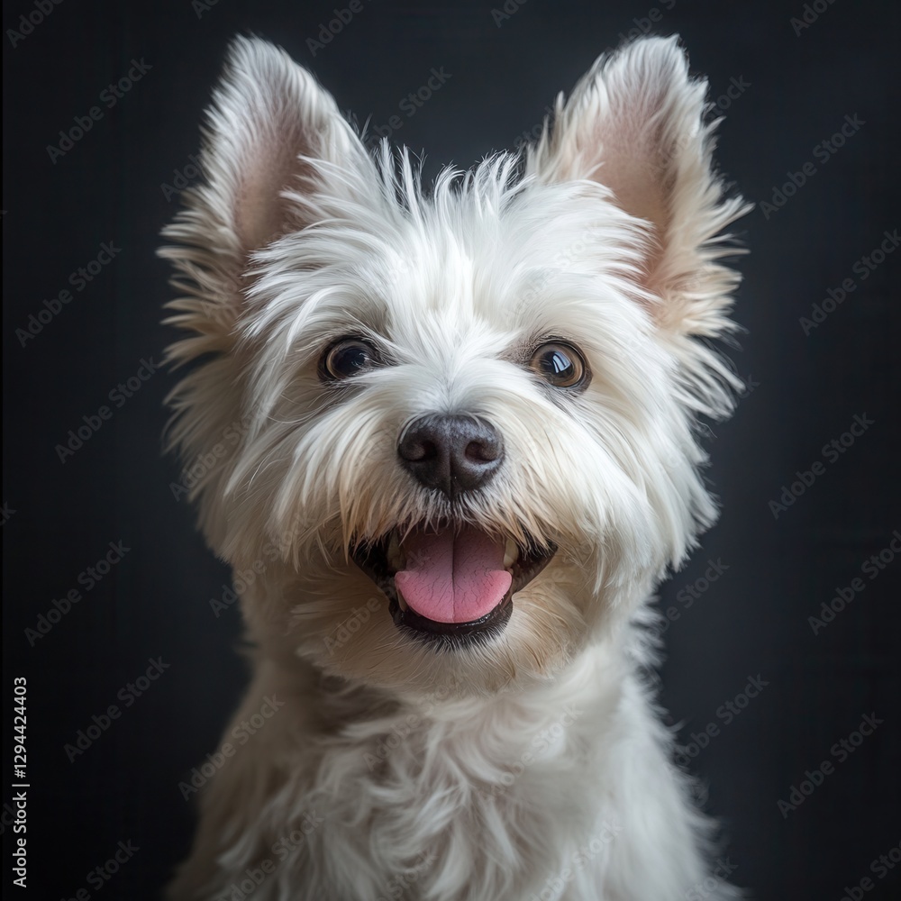 Close-up of a white West Highland Terrier with fluffy fur on a black background, happy pet, studio dog portrait, perfect image for advertising, calendars, and print materials. Close-up of a white West Highland Terrier with fluffy fur on a black background, happy pet, studio dog portrait, perfect image for advertising, calendars, and print materials.