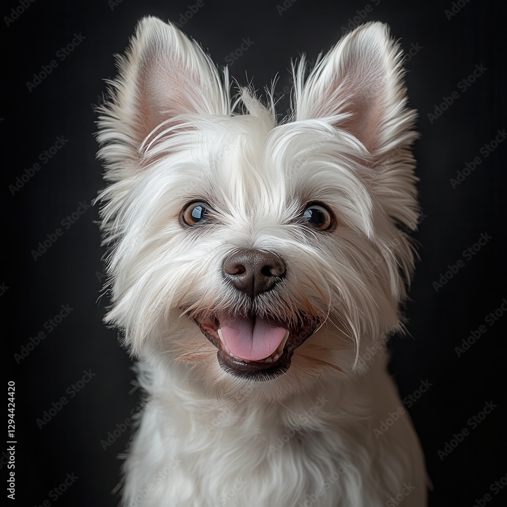 Close-up of a white West Highland Terrier with fluffy fur on a black background, happy pet, studio dog portrait, perfect image for advertising, calendars, and print materials. Close-up of a white West Highland Terrier with fluffy fur on a black background, happy pet, studio dog portrait, perfect image for advertising, calendars, and print materials.