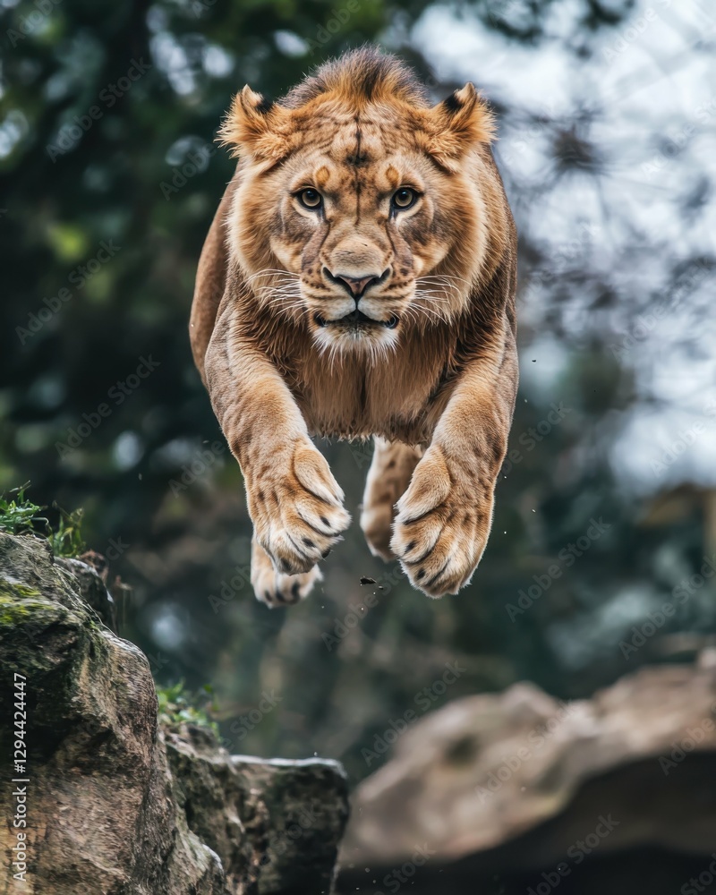 Obraz premium Lion Jumping. Front view of an Adult Male Lion in Mid-Air Leap, Isolated on White Background