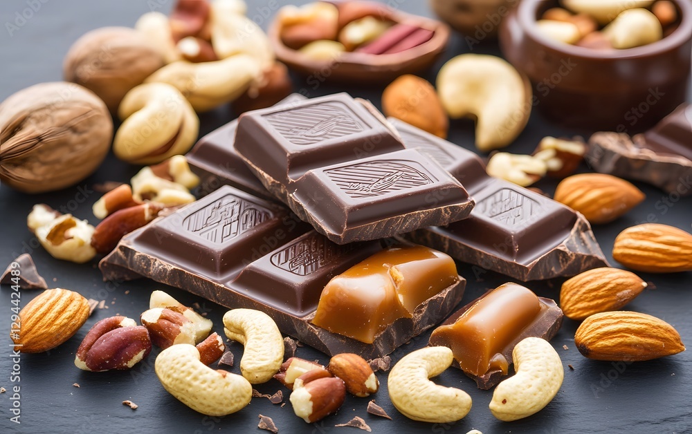 Dark Chocolate Caramel Bars with Mixed Nuts, Delicious Gourmet Treat Dark Chocolate Caramel Bars with Mixed Nuts, Delicious Gourmet Treat