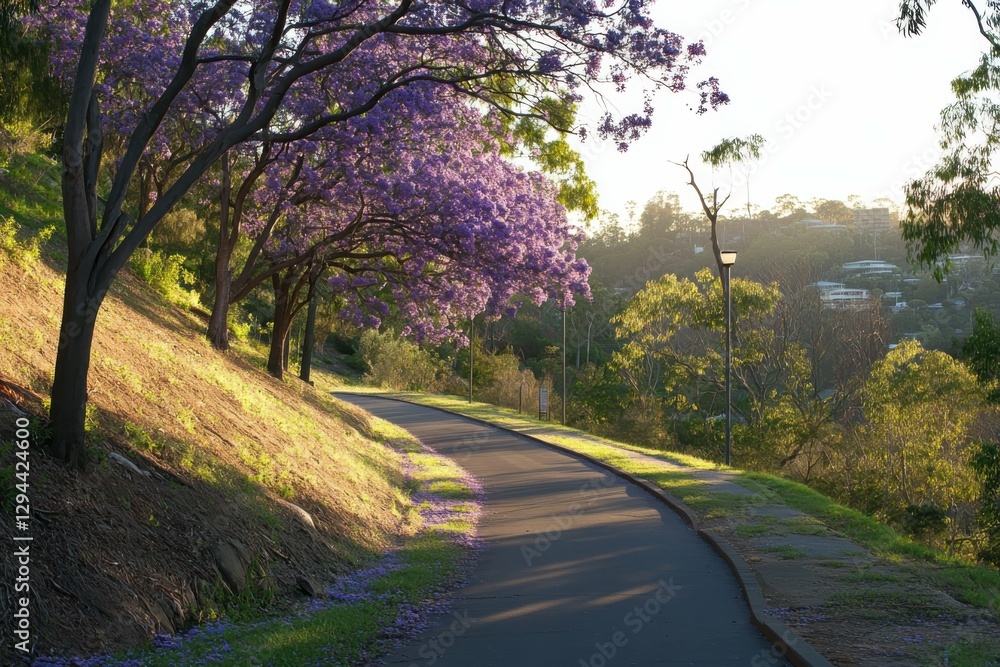 Jacaranda Tree in Bloom: A Springtime Pathway in Brisbane with Purple Flowers Jacaranda Tree in Bloom: A Springtime Pathway in Brisbane with Purple Flowers