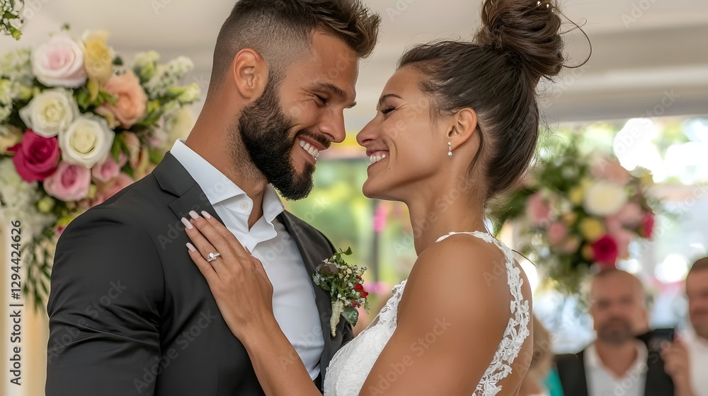 Tender and intimate wedding portrait of a loving couple sharing a heartfelt moment surrounded by elegant floral that symbolize their unity pride and the beginning of their lifelong journey together
