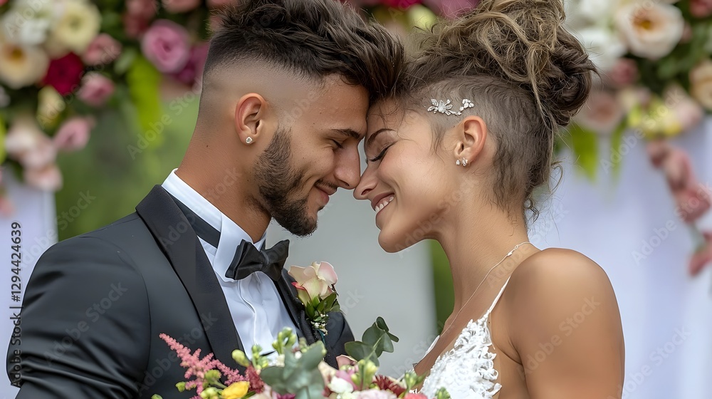 Tender and intimate wedding portrait of a newlywed couple sharing a heartfelt moment surrounded by elegant floral that symbolize their unity pride and the start of their lifelong journey together