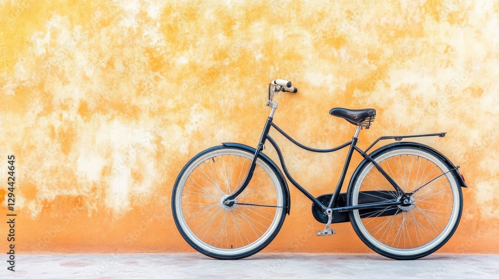 Naklejka premium A classic cruiser bike leaning against a soft orange stucco wall