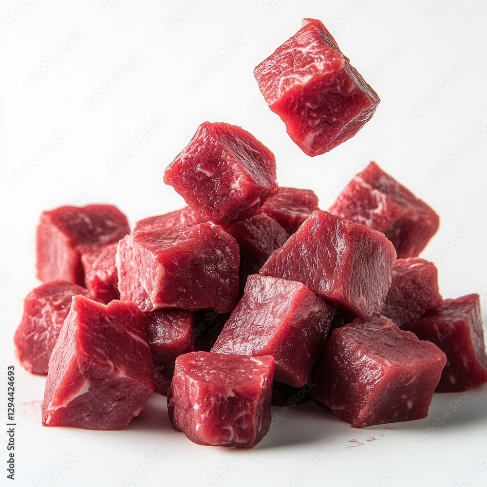 Freshly diced beef pieces, isolated on a white background, raw meat for cooking, farm product, healthy nutrition, perfect for advertising, packaging, restaurants, and culinary blogs. Freshly diced beef pieces, isolated on a white background, raw meat for cooking, farm product, healthy nutrition, perfect for advertising, packaging, restaurants, and culinary blogs.