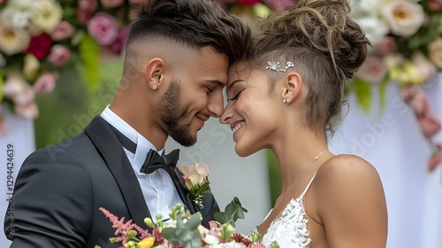 Obraz na płótnie Tender and intimate wedding portrait of a newlywed couple sharing a heartfelt moment surrounded by elegant floral that symbolize their unity pride and the start of their lifelong journey together w salonie
