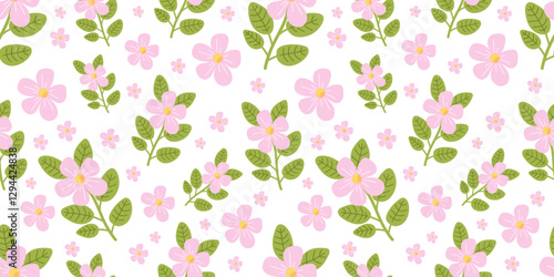 Wallpaper Mural Spring Floral pattern with hand-drawn pink flowers and green leaves on white background. Cute illustration in soft pastel colors and vector flat style. For prints, wrapping paper, cards. Torontodigital.ca