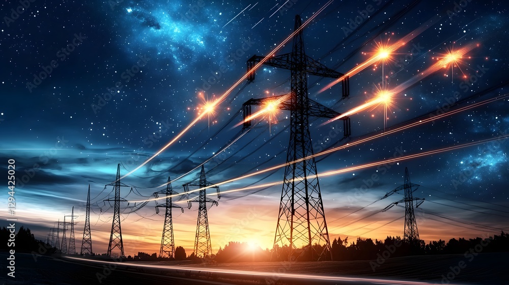 Towering high voltage pylons with electric currents pulsating through the wires set against a deep cosmic night sky filled with stars