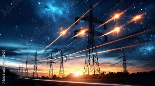 Towering high voltage pylons with electric currents pulsating through the wires set against a deep cosmic night sky filled with stars