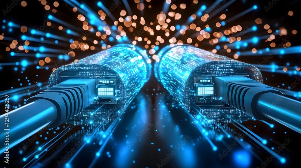 Ultra detailed Ethernet cables with radiant blue illumination abstract cyber tech background filled with glowing data streams futuristic concept of global networking and connectivity