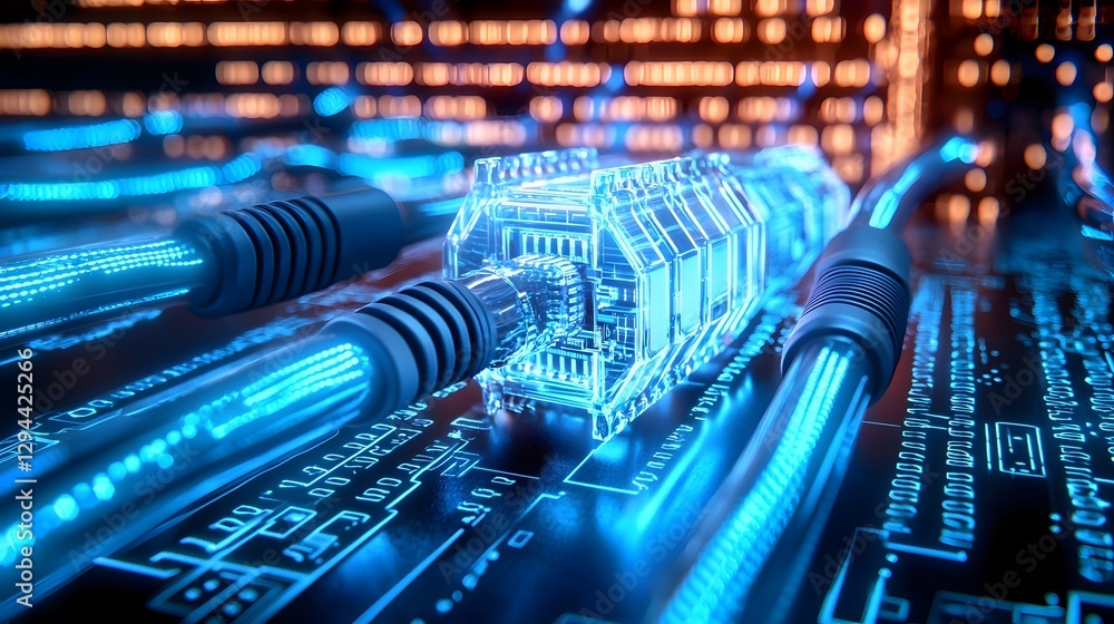 Ultra detailed Ethernet cables with radiant blue illumination abstract cyber tech background filled with glowing data streams futuristic concept of global networking and connectivity