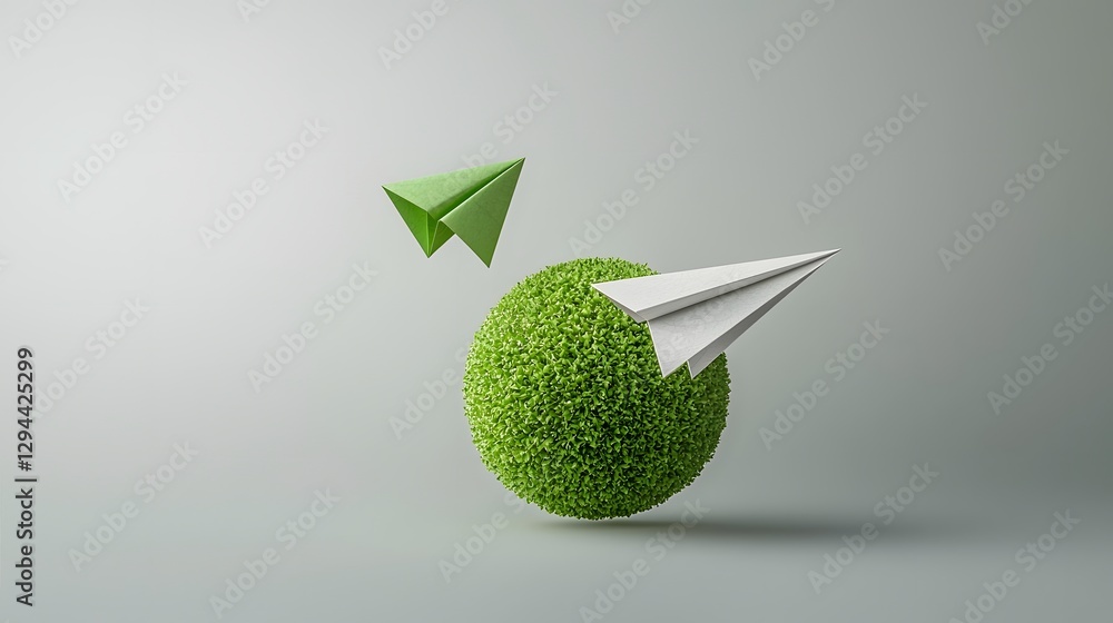 Vibrant 3D visualization of a dynamic paper airplane orbiting a lush eco friendly globe a symbol of responsible growth carbon neutrality and environmental awareness in the modern world