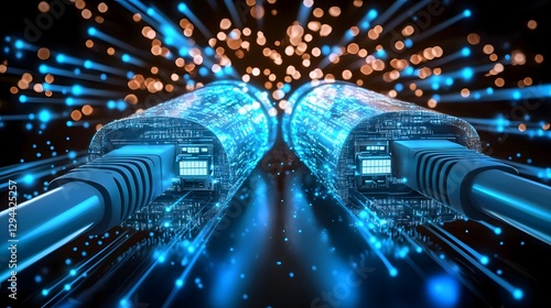 Obraz na płótnie Ultra detailed Ethernet cables with radiant blue illumination abstract cyber tech background filled with glowing data streams futuristic concept of global networking and connectivity w salonie
