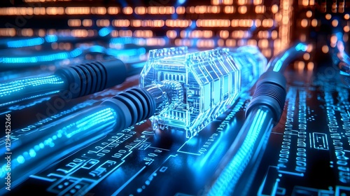 Obraz na płótnie Ultra detailed Ethernet cables with radiant blue illumination abstract cyber tech background filled with glowing data streams futuristic concept of global networking and connectivity w salonie