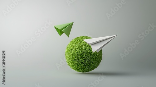 Obraz na płótnie Vibrant 3D visualization of a dynamic paper airplane orbiting a lush eco friendly globe a symbol of responsible growth carbon neutrality and environmental awareness in the modern world w salonie