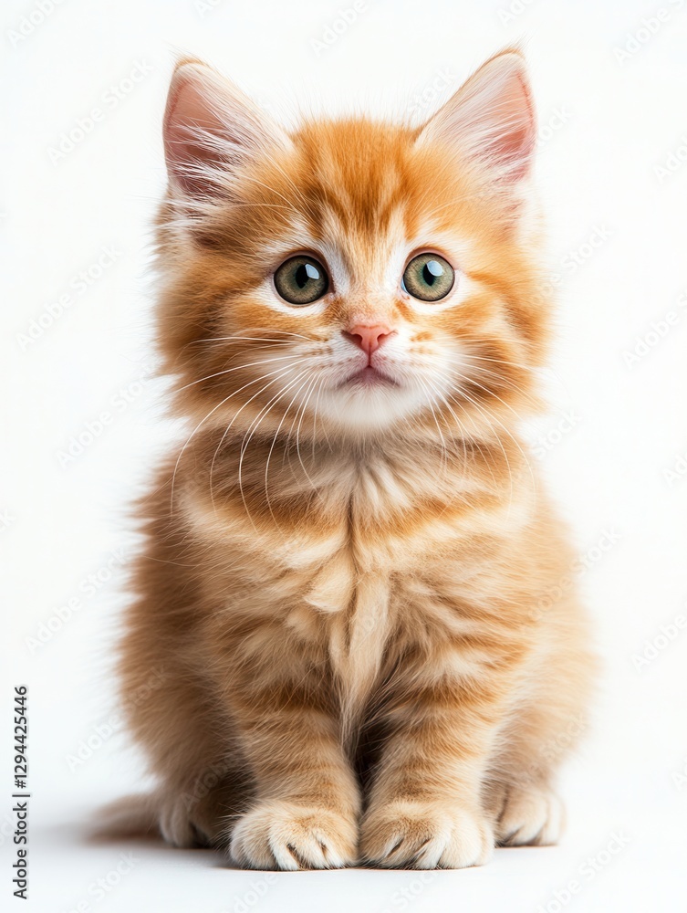 Ginger fluffy kitten with green eyes sitting on a white background, close-up, expressive gaze, soft fur, studio lighting, perfect for advertising, blogs, and social media. Ginger fluffy kitten with green eyes sitting on a white background, close-up, expressive gaze, soft fur, studio lighting, perfect for advertising, blogs, and social media.