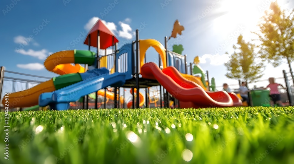 Vibrant and Cheerful Outdoor Playground with Multicolored Jungle Gyms Slides and Equipment on Lush Grass under a Clear Blue Sky Providing a Fun and Safe Environment for Children to Play and Explore
