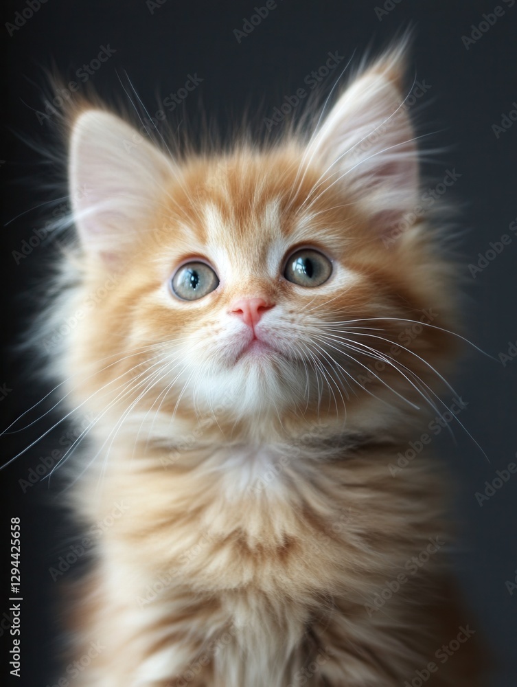 Ginger fluffy kitten with blue eyes sitting on a dark background, close-up, expressive gaze, soft fur, studio lighting, perfect for advertising, blogs, and social media. Ginger fluffy kitten with blue eyes sitting on a dark background, close-up, expressive gaze, soft fur, studio lighting, perfect for advertising, blogs, and social media.