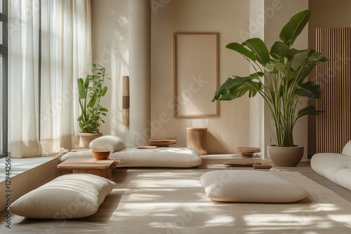 Obraz na płótnie Modern Minimalist Living Room with Natural Light & Wooden Accents w salonie