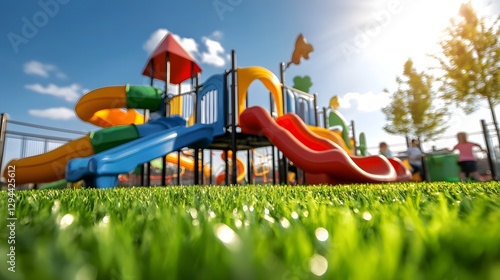 Obraz na płótnie Vibrant and Cheerful Outdoor Playground with Multicolored Jungle Gyms Slides and Equipment on Lush Grass under a Clear Blue Sky Providing a Fun and Safe Environment for Children to Play and Explore w salonie
