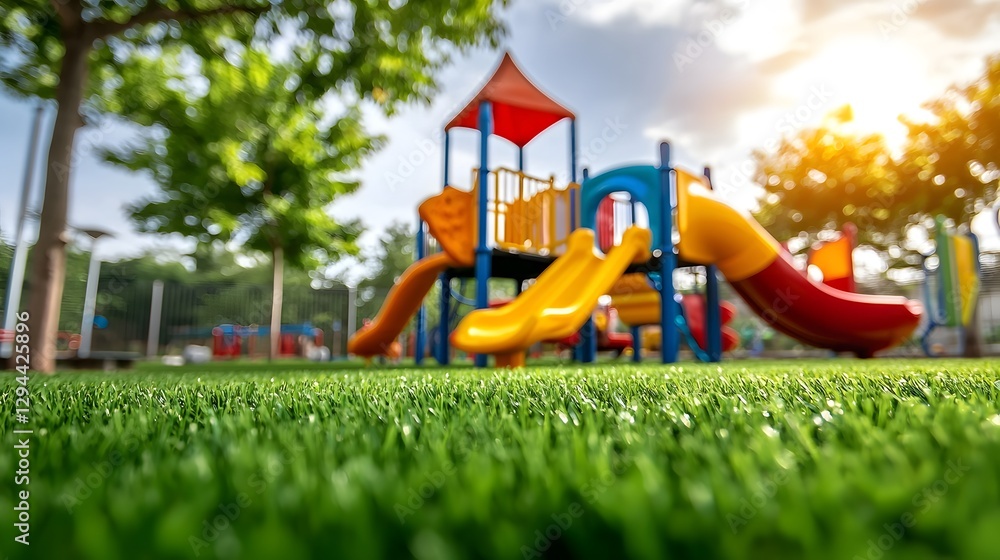 Vibrant and colorful playground equipment surrounded by lush turf trees and a secure fence in a sunny inviting outdoor space perfect for children s play recreation and leisure activities