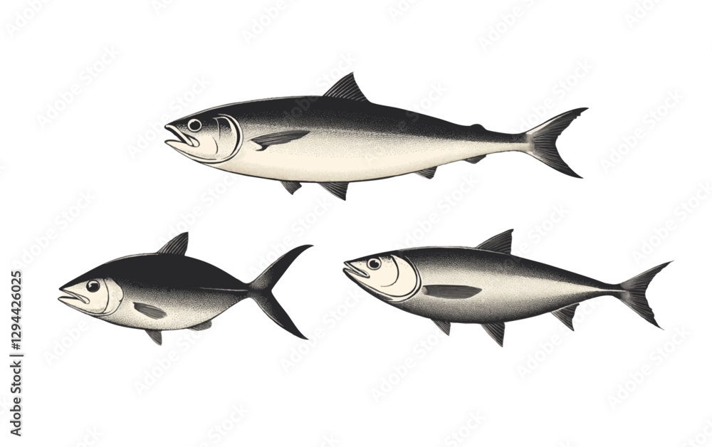 Obraz premium A high-resolution set of black and white vector illustrations of three mackerel fish icons