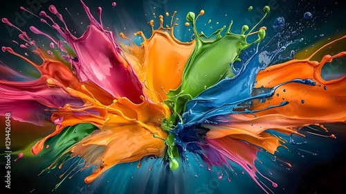 Obraz na płótnie Vibrant and dynamic abstract background with bold multicolored paint splashes fluidly blending together creating a mesmerizing and energetic digital wallpaper design w salonie