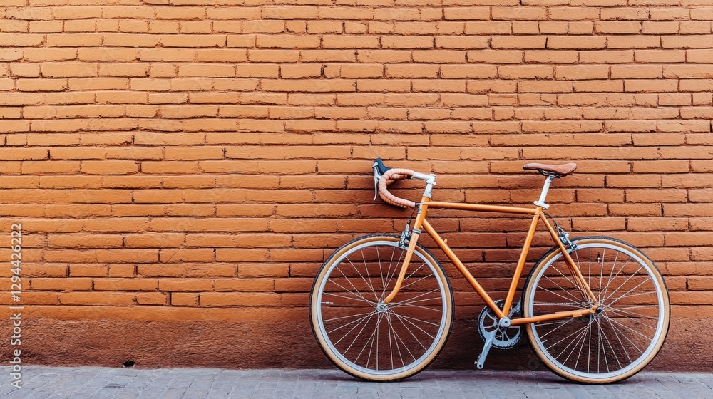 A commuter bike leaning against a warm brown exposed brick wall A commuter bike leaning against a warm brown exposed brick wall