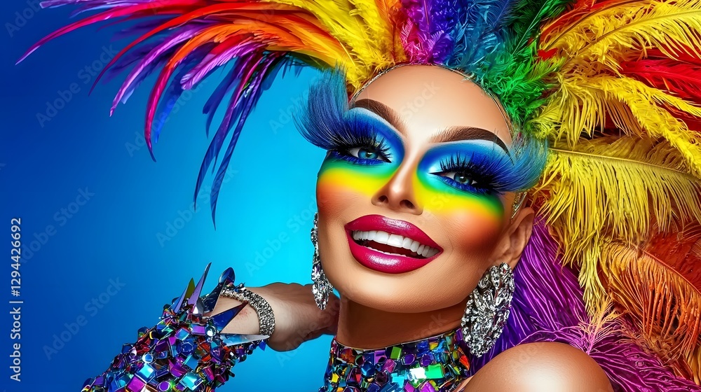 Vibrant and glamorous drag queen in a spectacular pride themed dress striking a dramatic and confident pose with a radiant smile celebrating LGBTQ culture and identity