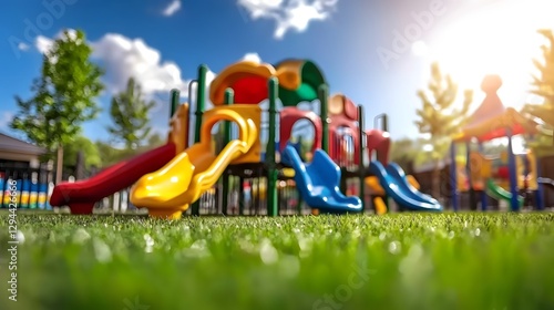 Vibrant and inviting children s playground featuring an array of modern play equipment surrounded by a scenic outdoor setting with lush greenery blue skies