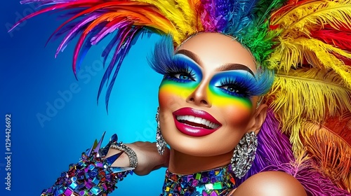 Obraz na płótnie Vibrant and glamorous drag queen in a spectacular pride themed dress striking a dramatic and confident pose with a radiant smile celebrating LGBTQ culture and identity w salonie