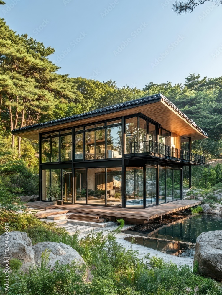 Modern glass building with a black frame and surrounded by trees Modern glass building with a black frame and surrounded by trees