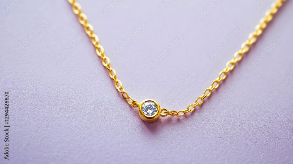 A dainty gold chain necklace with a single diamond accent on a soft lilac background A dainty gold chain necklace with a single diamond accent on a soft lilac background