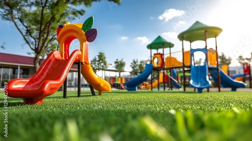 Vibrant and Welcoming Playground with Colorful Modern Play Equipment Surrounded by Lush Greenery and Blue Sky Providing a Safe and Engaging Outdoor Space for Children s Play and Enjoyment