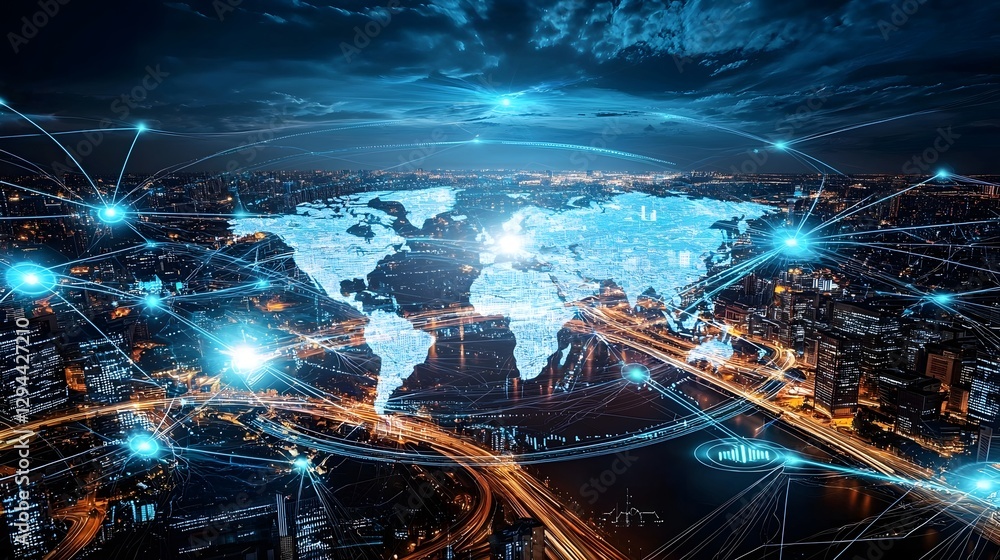 Vibrant digital world map showcasing a global connectivity network with pulsating data links cloud computing hubs and real time financial exchange systems This abstract concept represents the modern